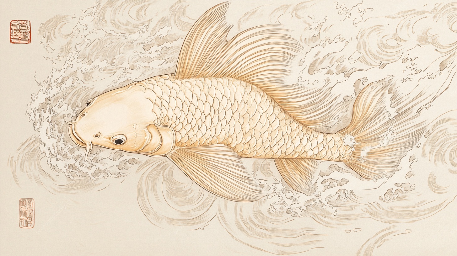 金色锦鲤游于水墨波浪间