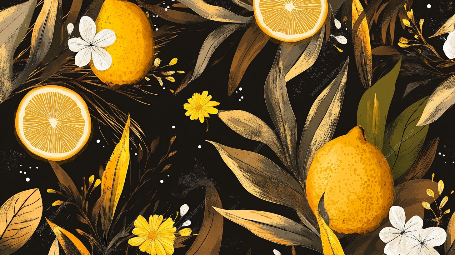 柠檬花卉黑金风图案设计