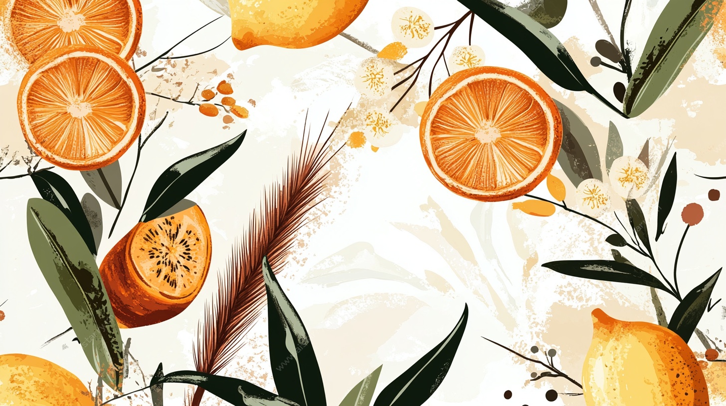 柑橘花卉清新插画图案