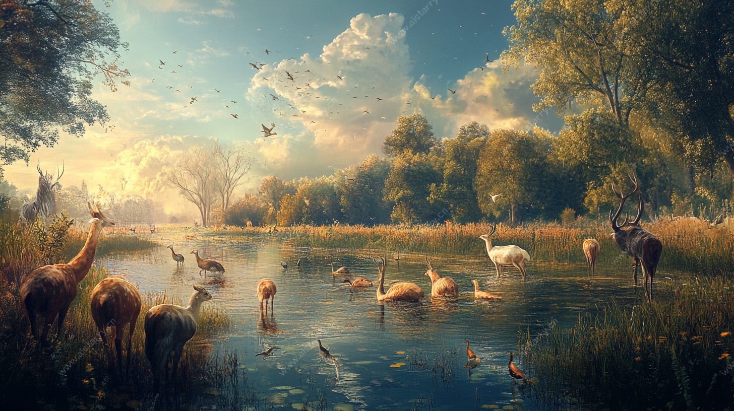 动物河畔共融自然美景图