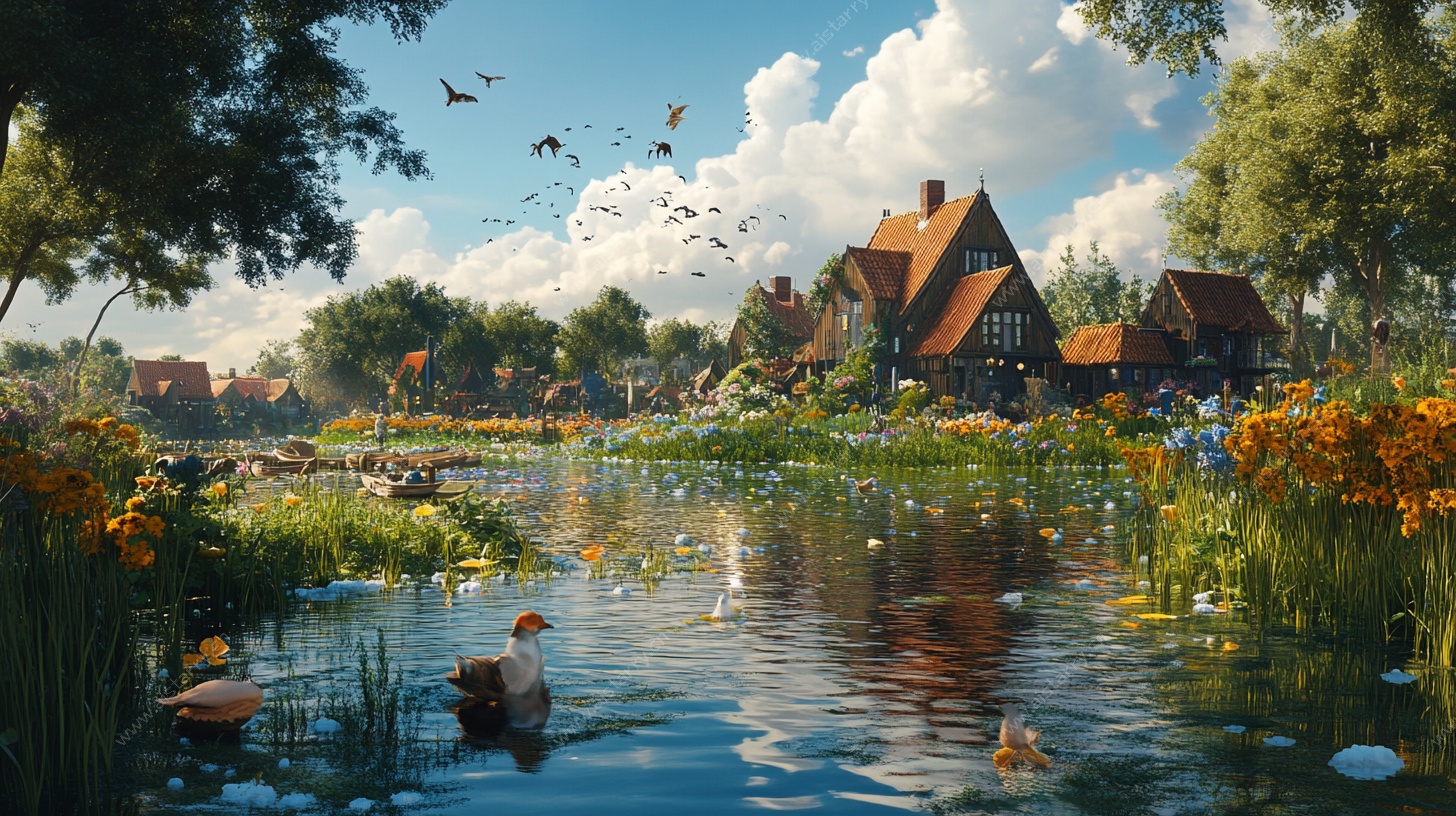 田园湖畔风光图