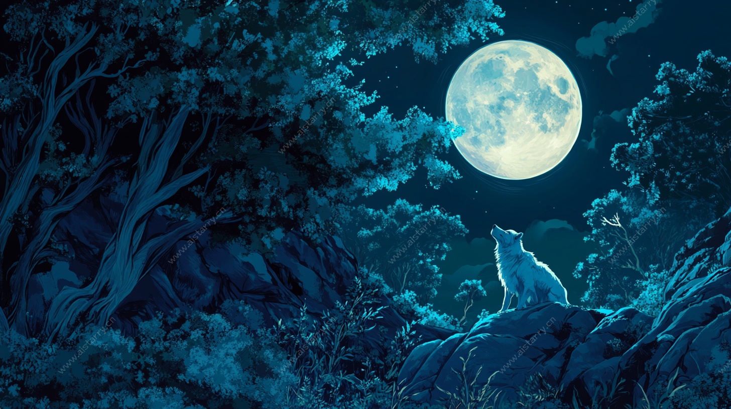 月夜孤狼山林图