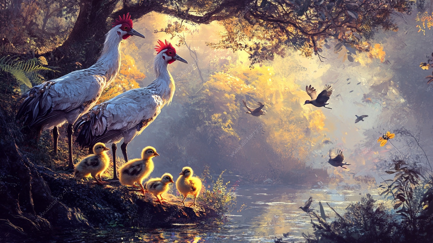 夕阳下的鹤群温馨画面