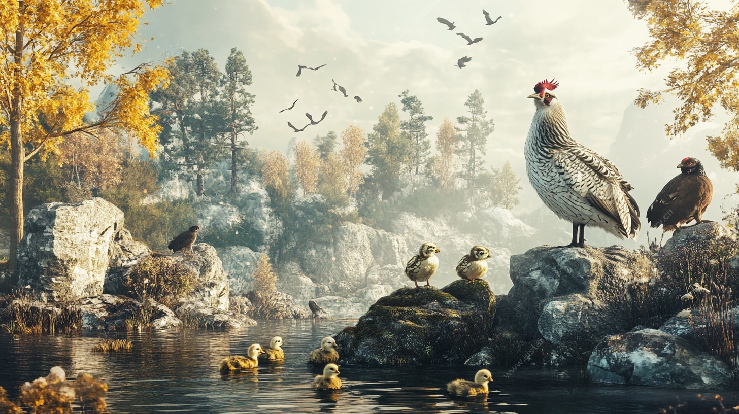 秋日湖畔禽鸟栖息图景