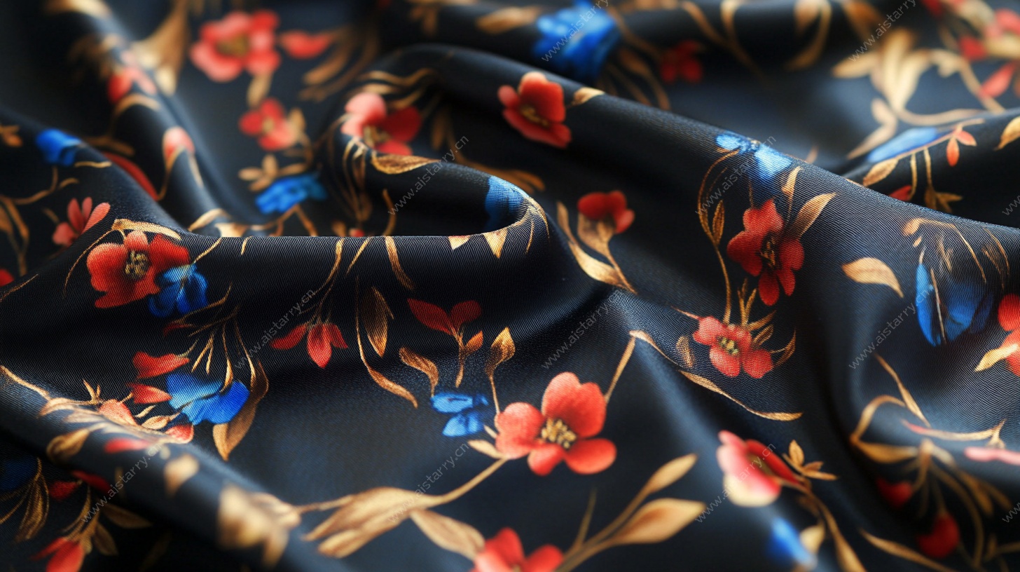 深蓝底花卉丝绸面料特写