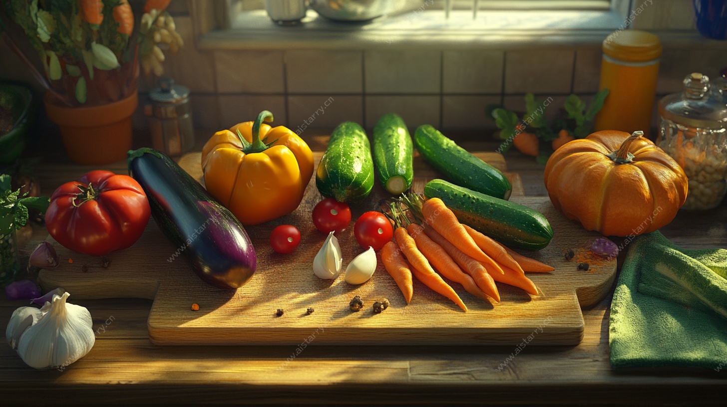 厨房木台上的多彩新鲜蔬菜