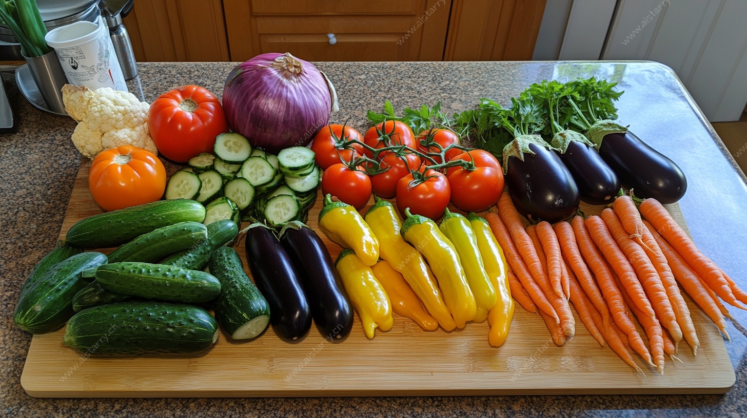 多彩蔬菜陈列在案板上