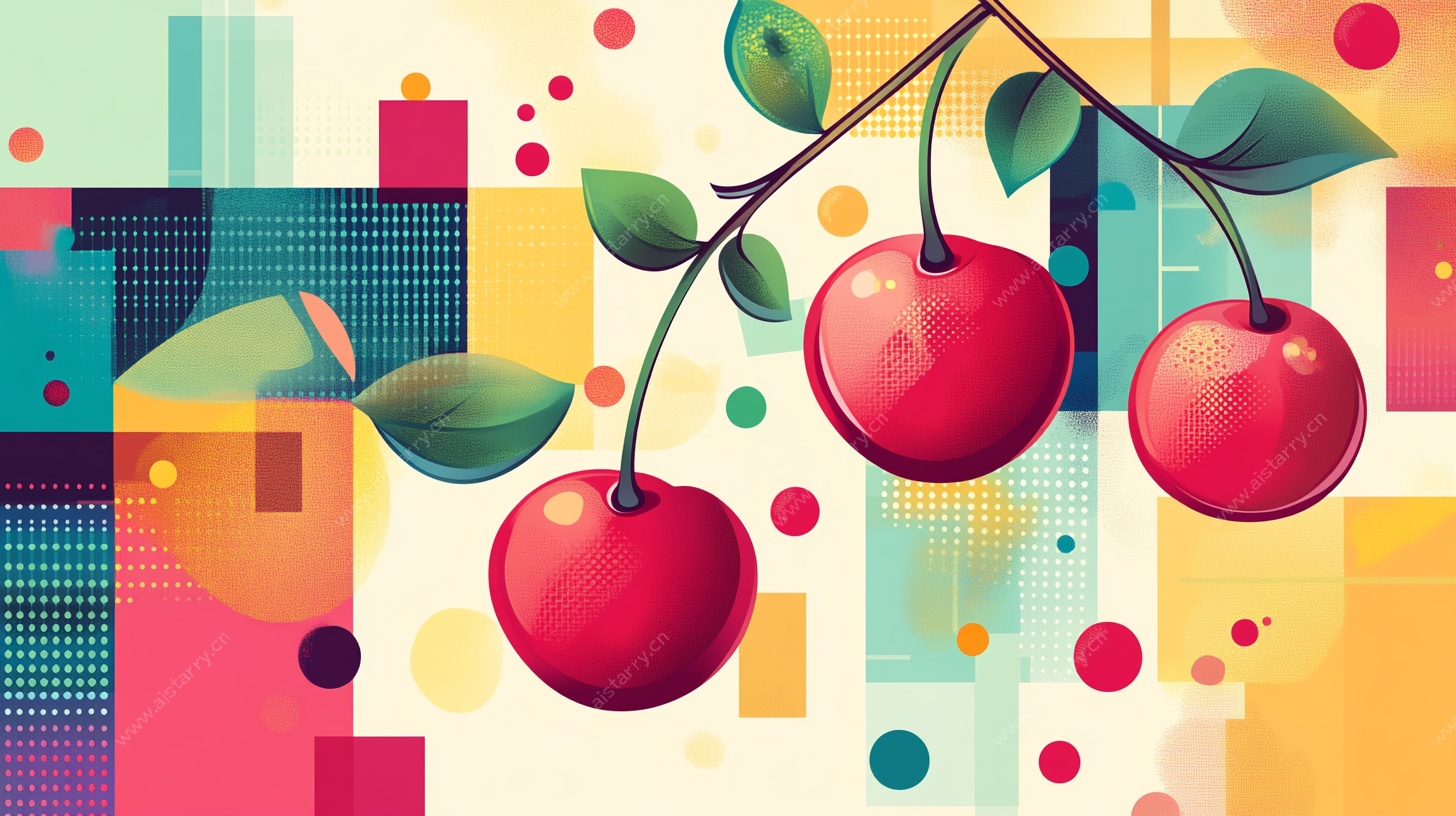 樱桃插画 多彩几何背景下的鲜果