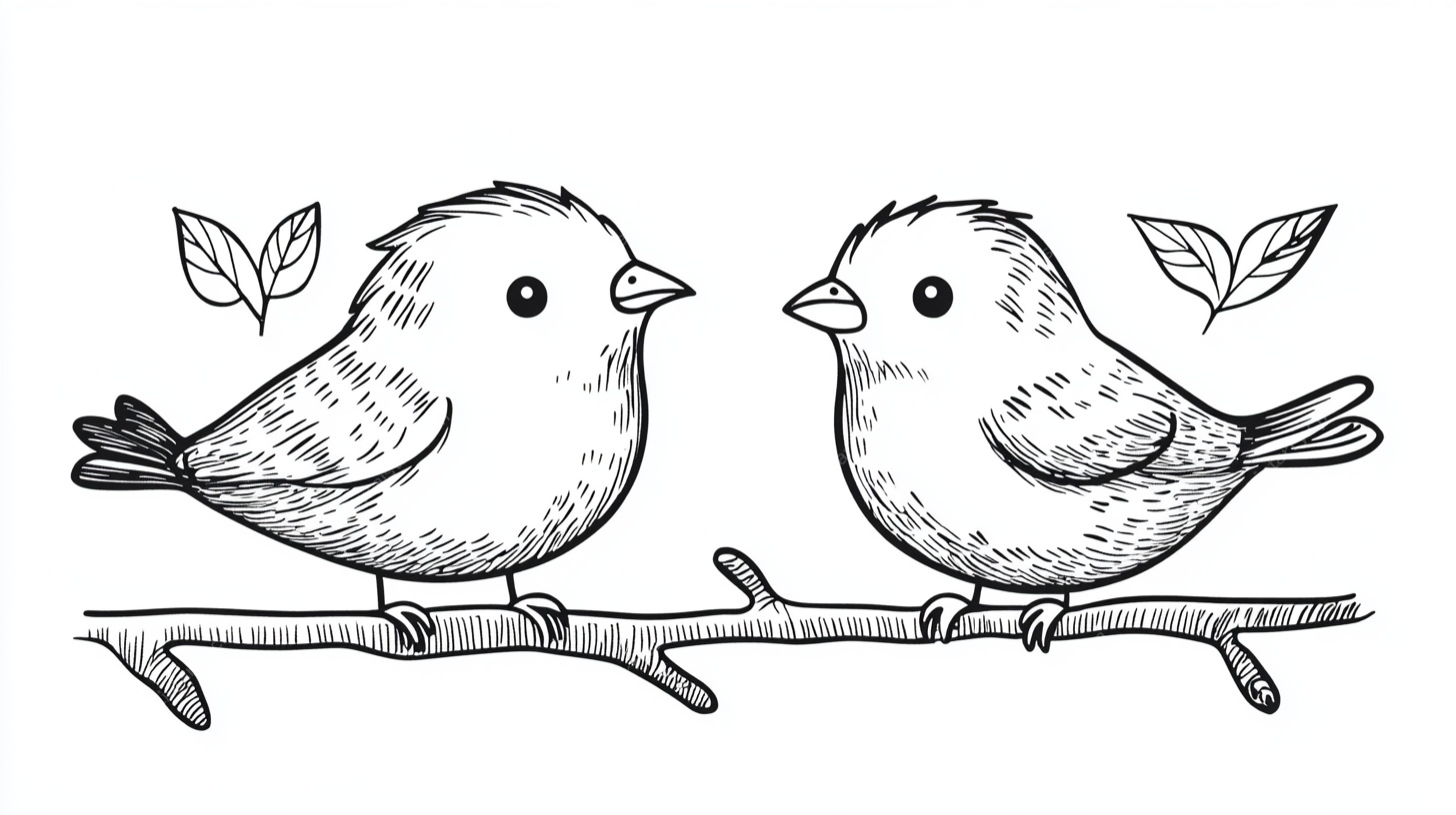 枝头双鸟黑白插画