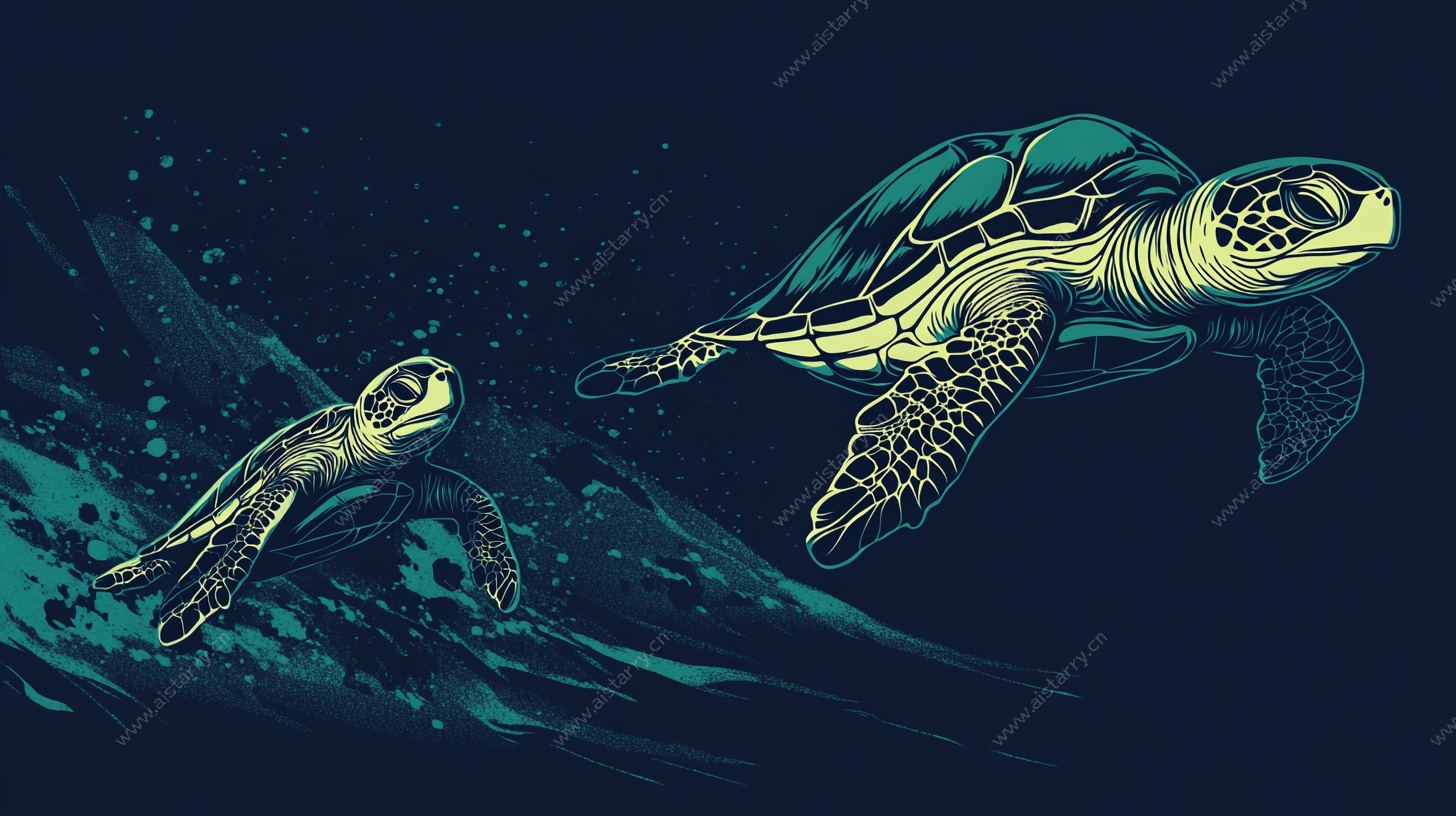 双海龟遨游深海图景