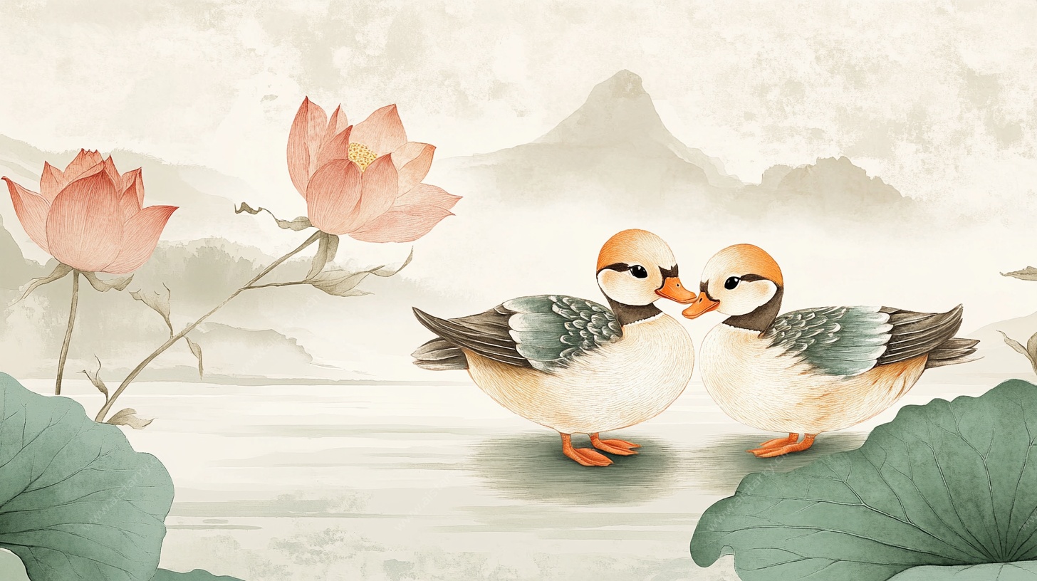 荷间鸳鸯图