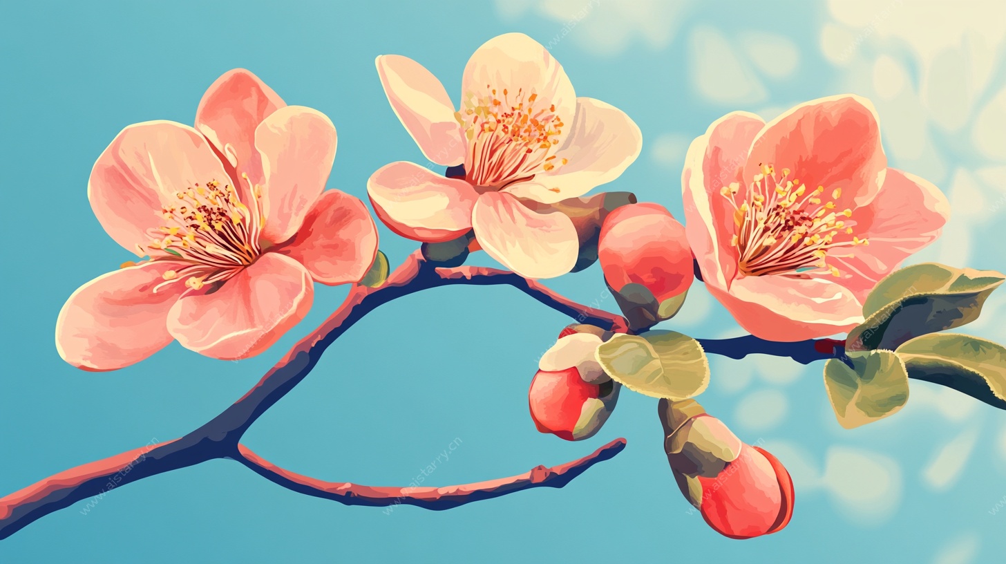 粉色绽放花枝插画