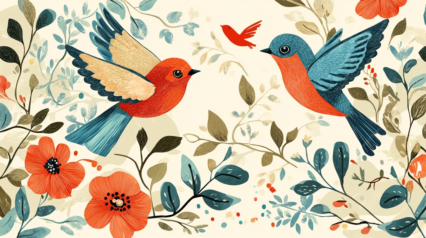 花鸟共舞插画