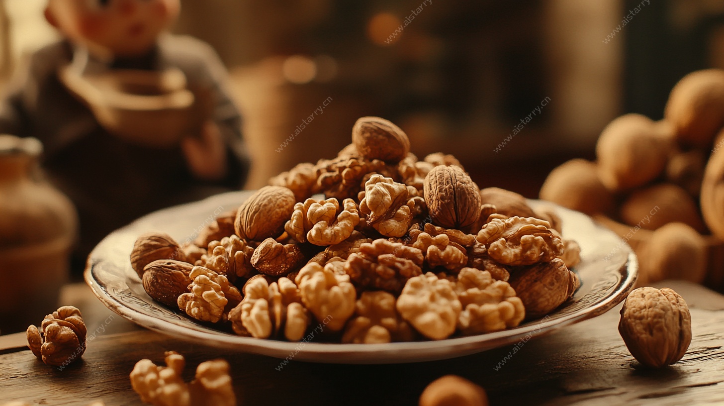 一盘美味核桃的温馨场景