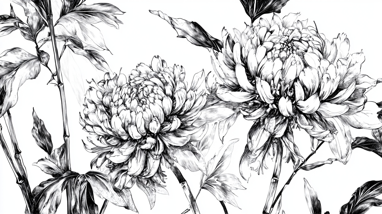 黑白花卉手绘插画