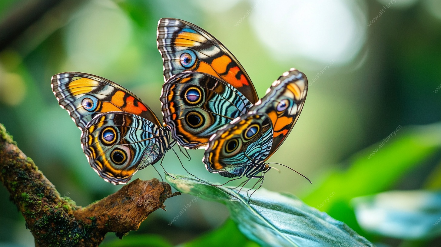 三只蝴蝶栖于枝叶间