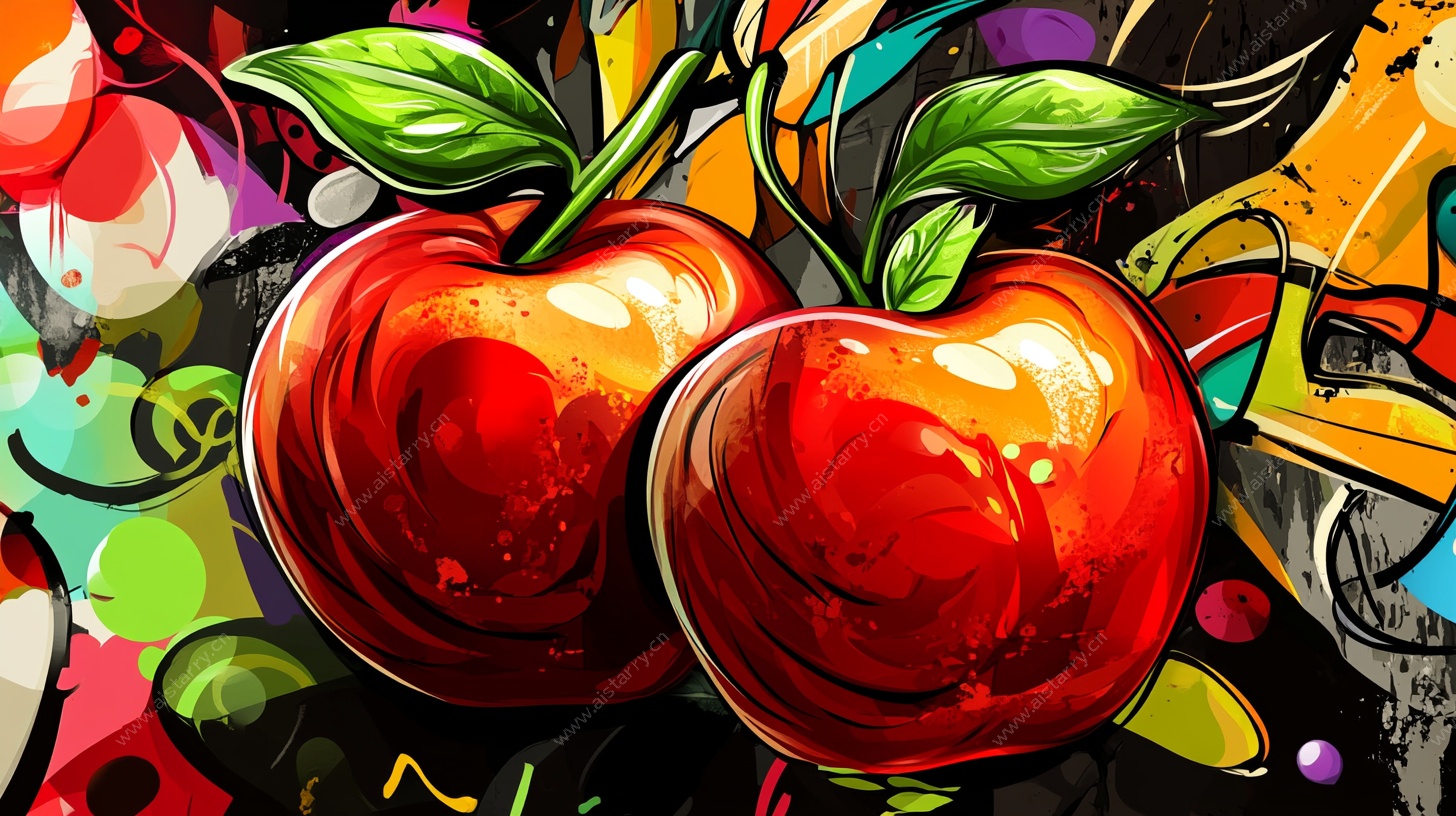 涂鸦风双红苹果艺术画