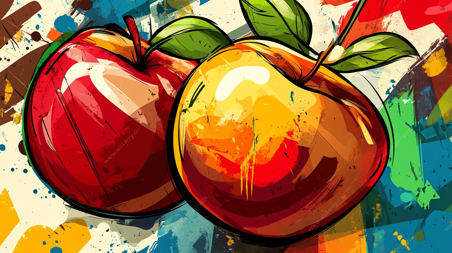 手绘多彩双苹果插画