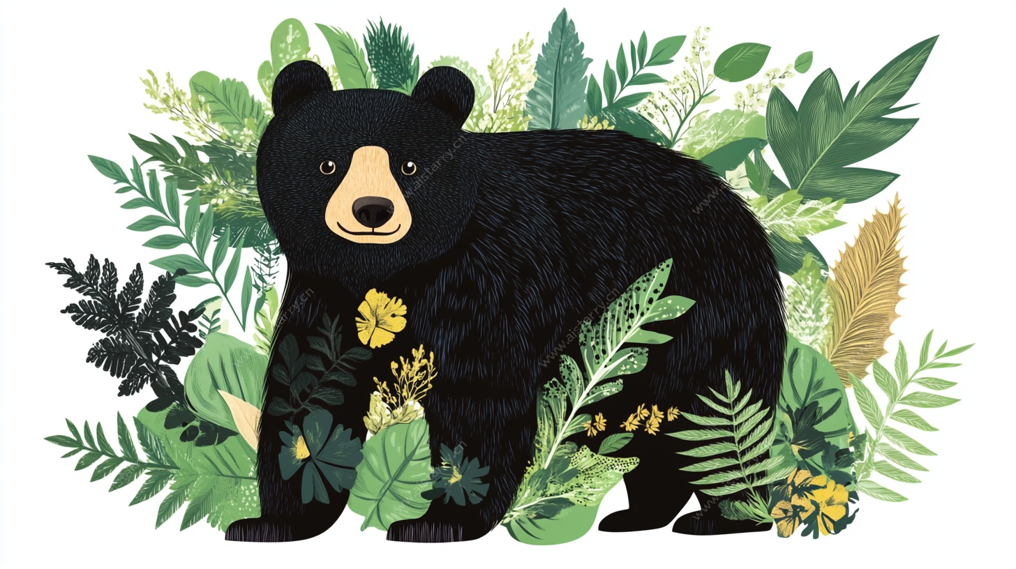 黑熊置身繁茂绿植间插画