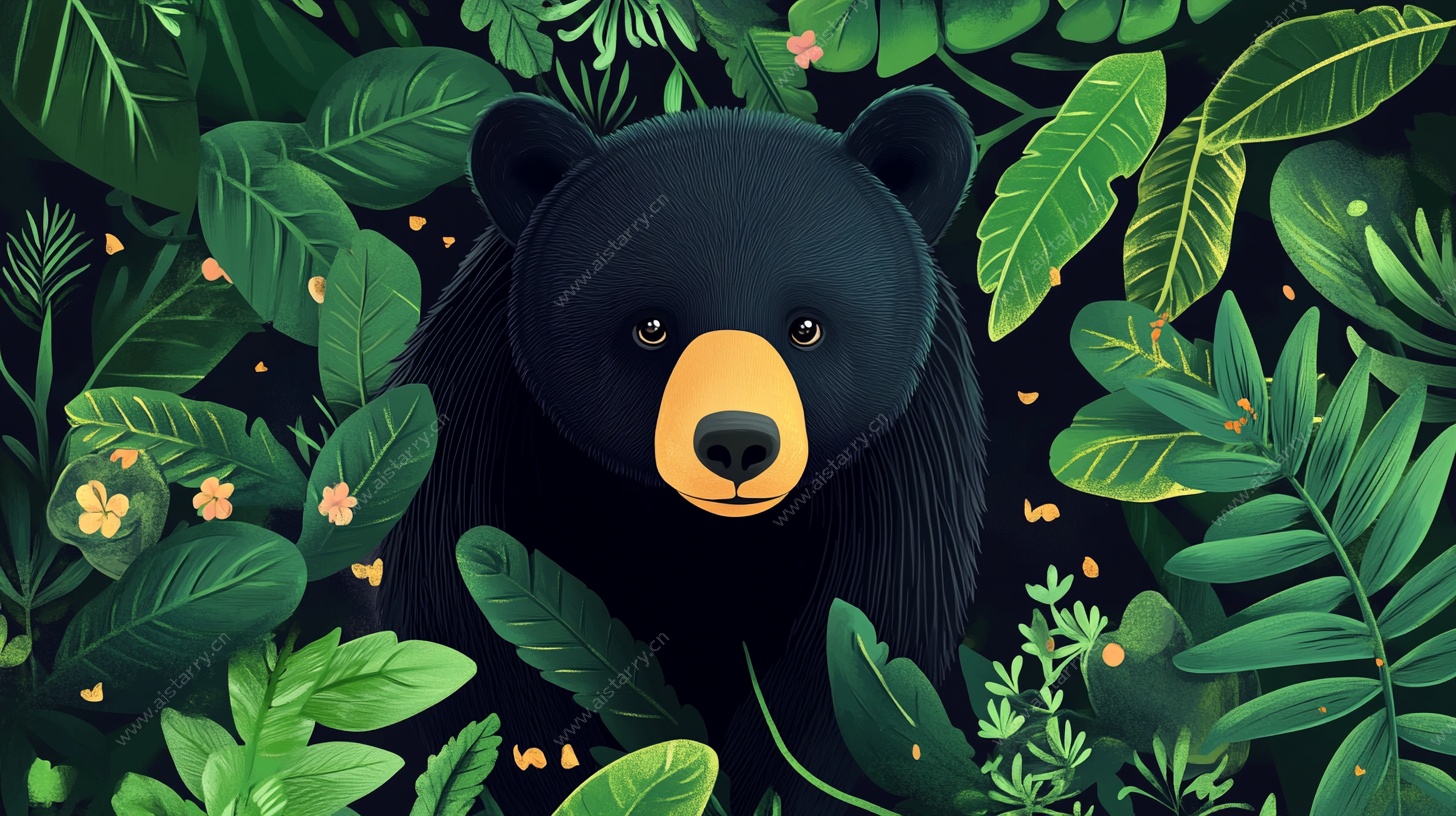 黑熊置身繁茂绿植间