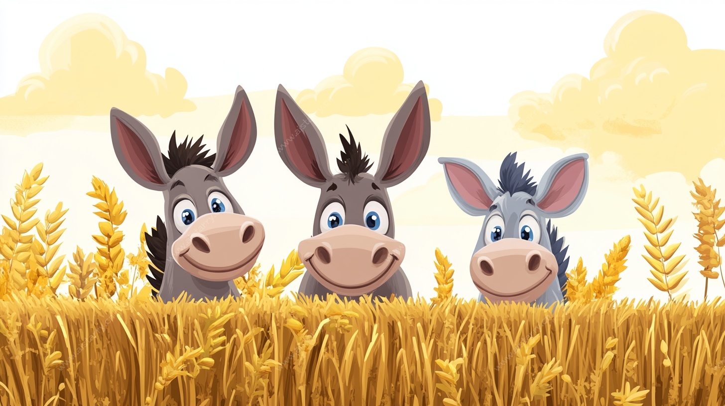 田野中的三只可爱小毛驴