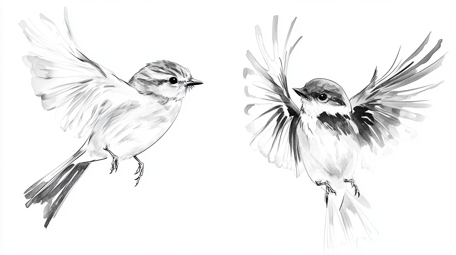 两只飞鸟的黑白素描画