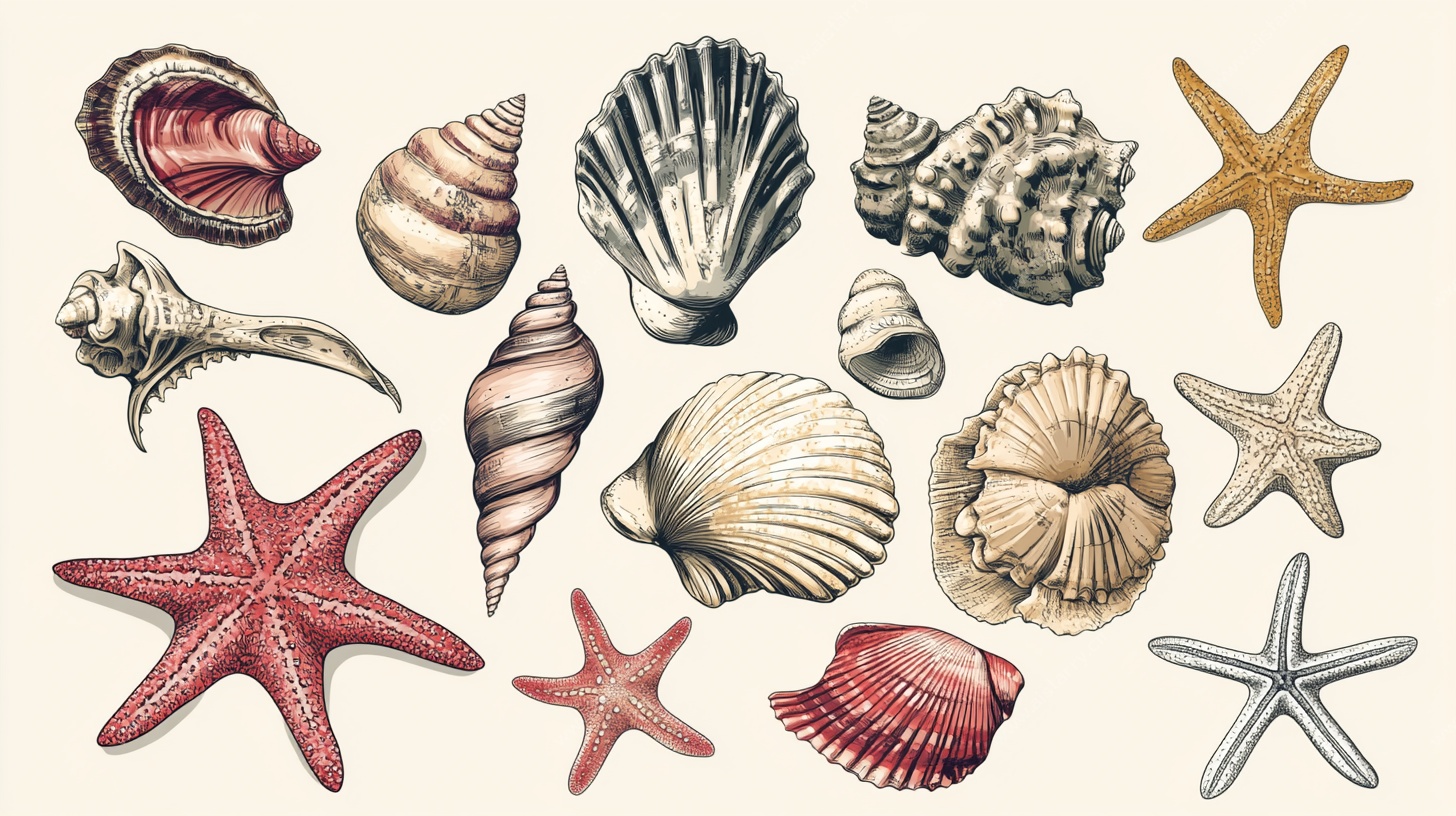 手绘海洋贝壳与海星集合