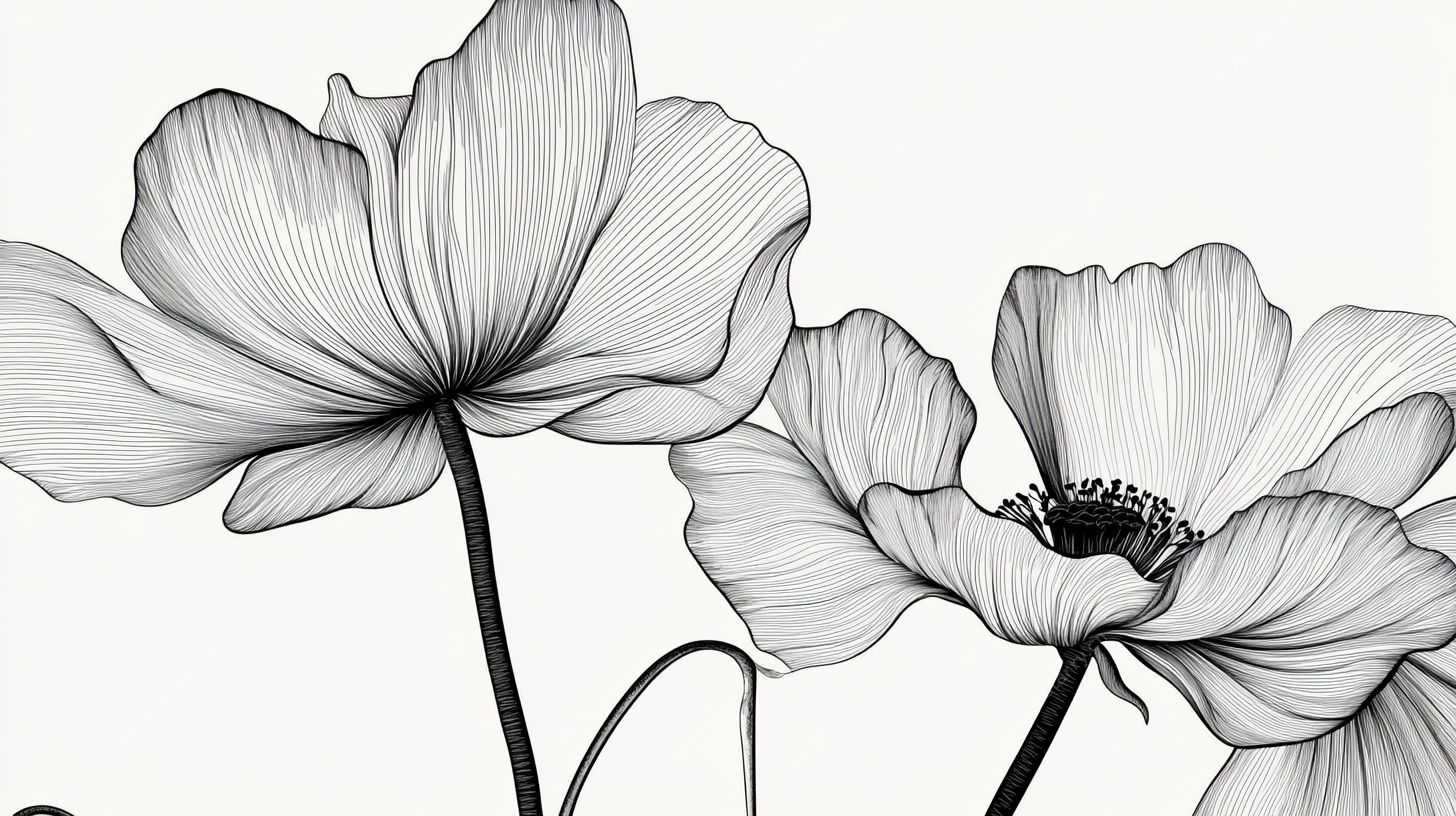 黑白花卉线条插画