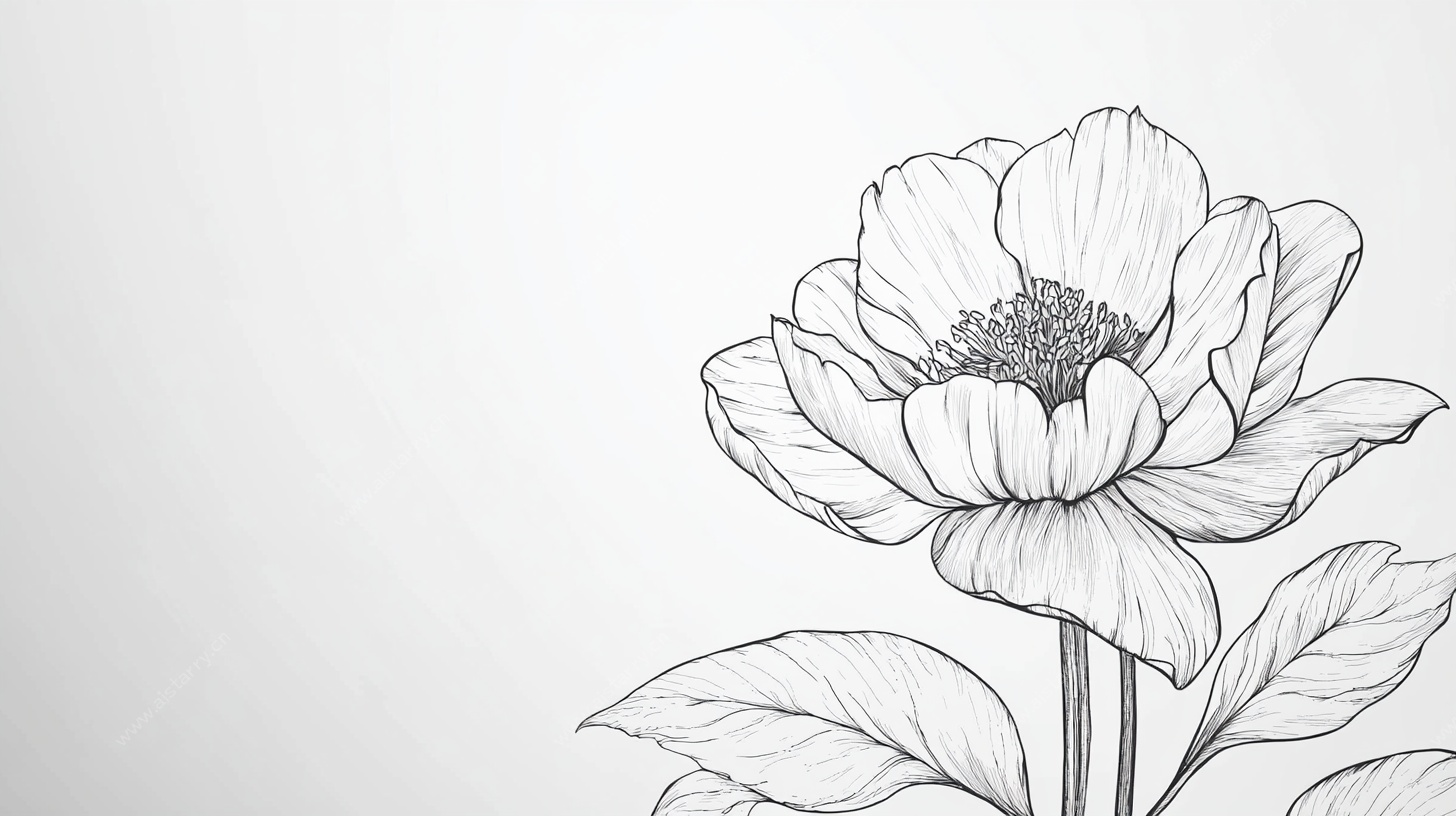 手绘线条牡丹花卉图