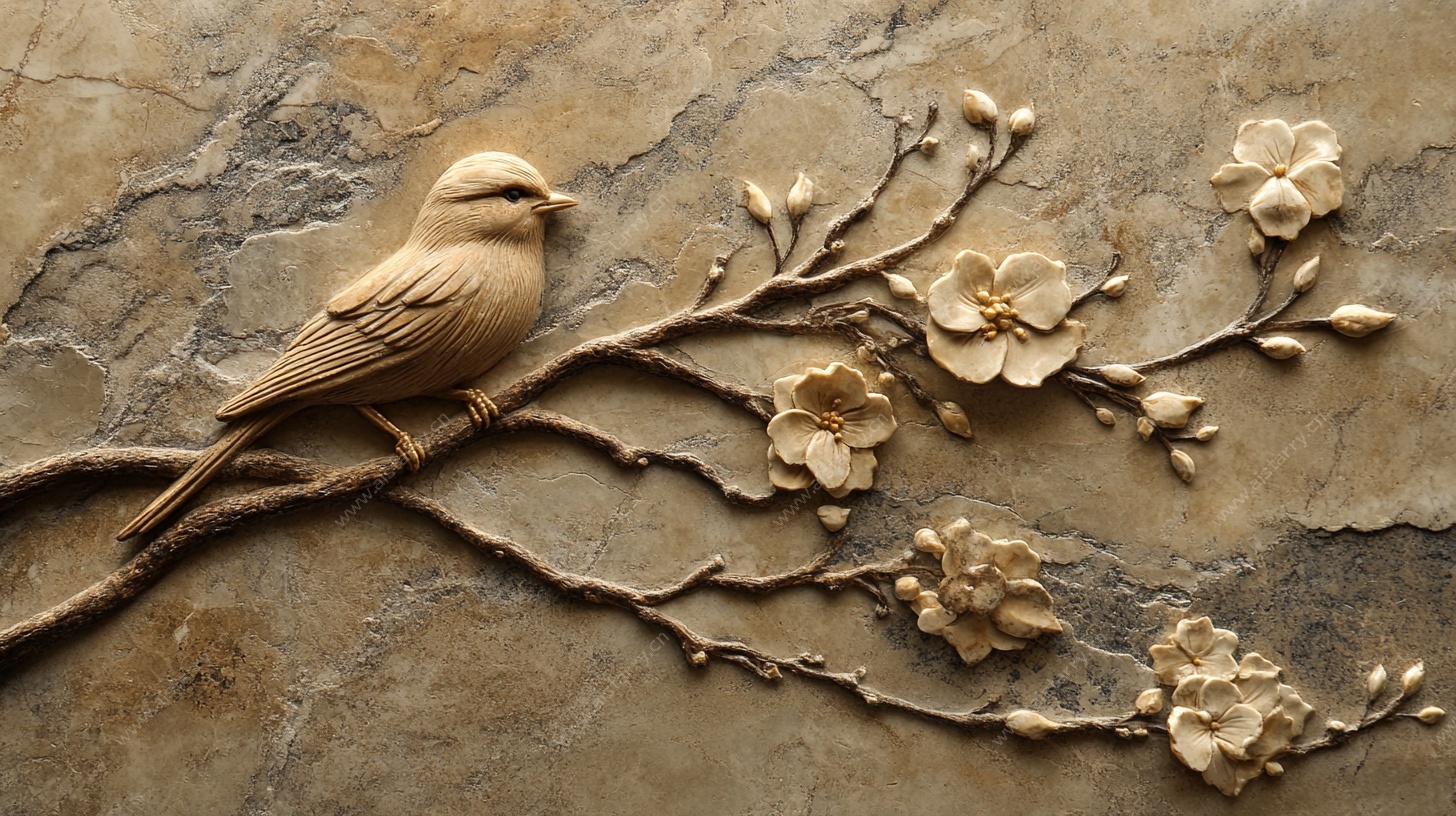 枝头栖鸟浮雕图