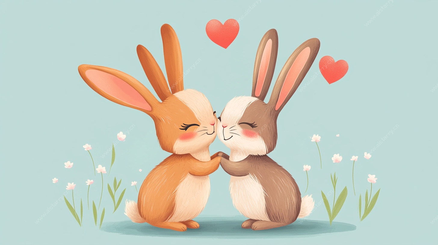 亲吻的兔子情侣插画