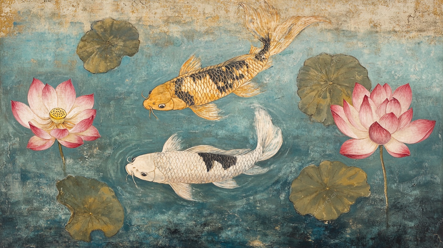 水墨锦鲤戏荷图