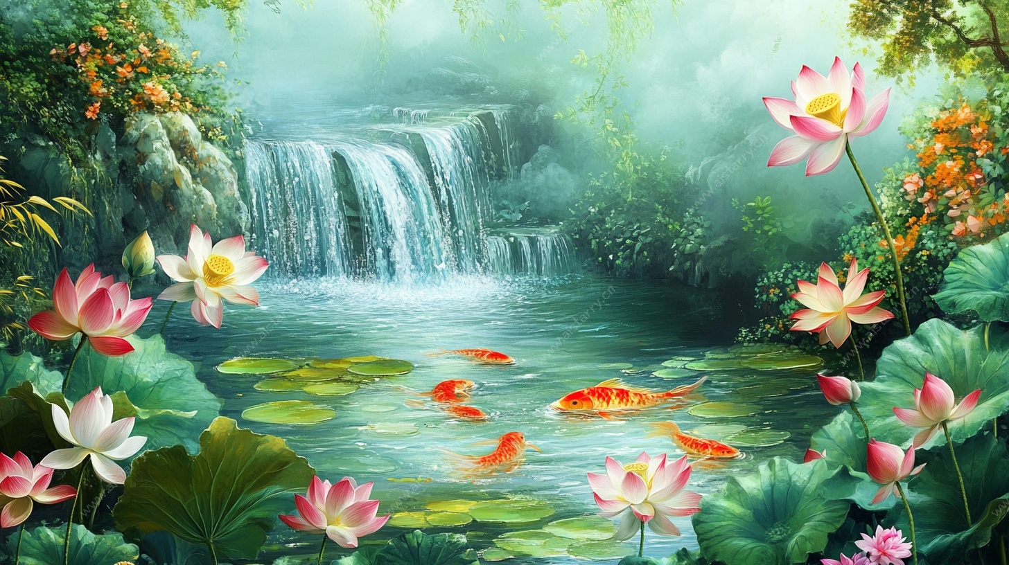 荷塘锦鲤瀑布梦幻美景