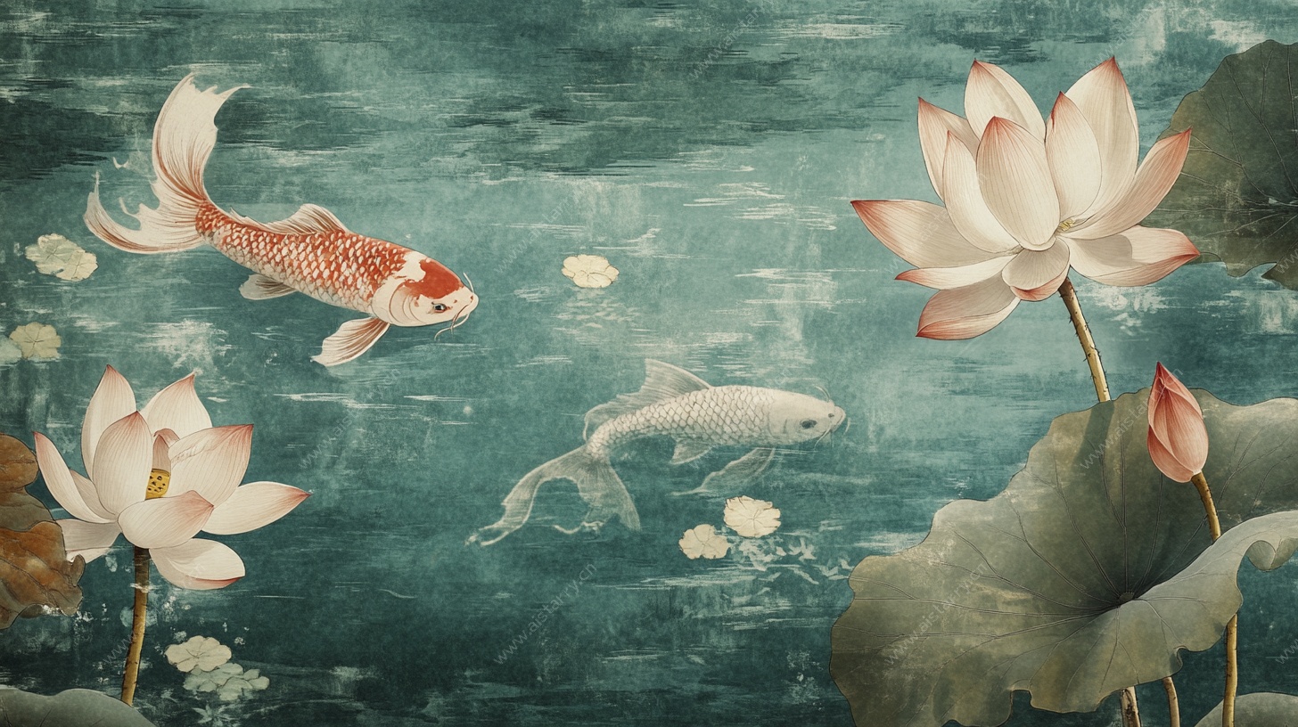 水墨锦鲤戏荷图