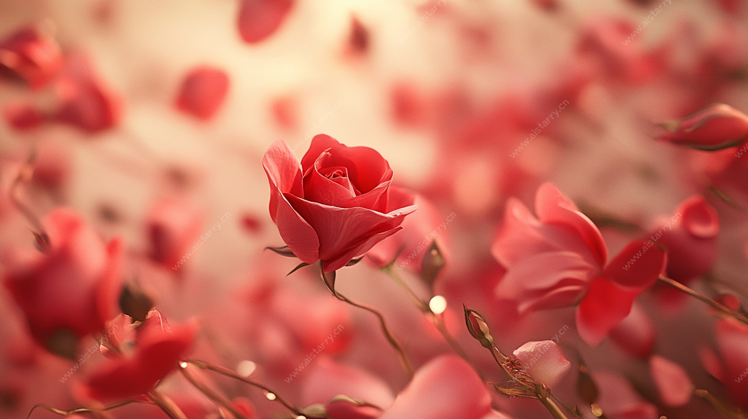 独枝红玫瑰绽放花海间