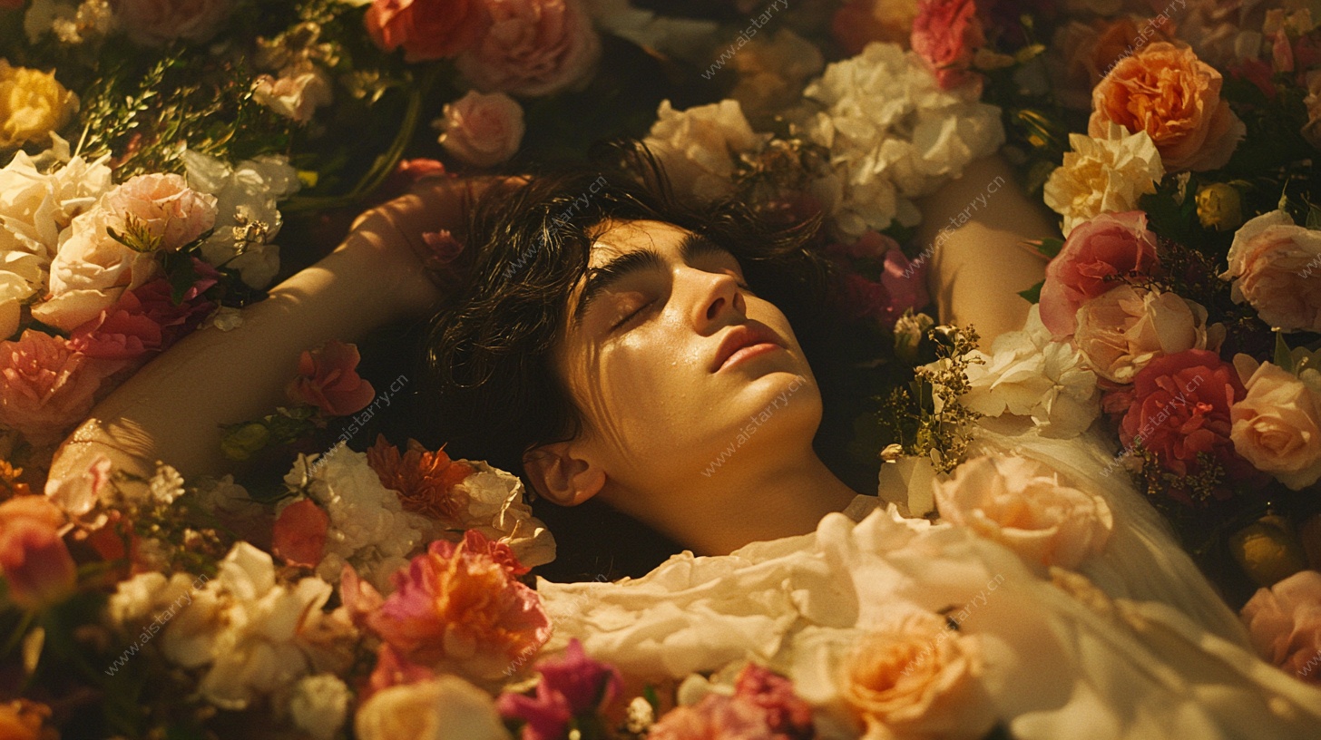 花中静卧的梦幻少女