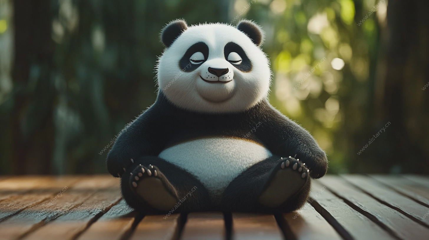 可爱熊猫惬意坐于木平台