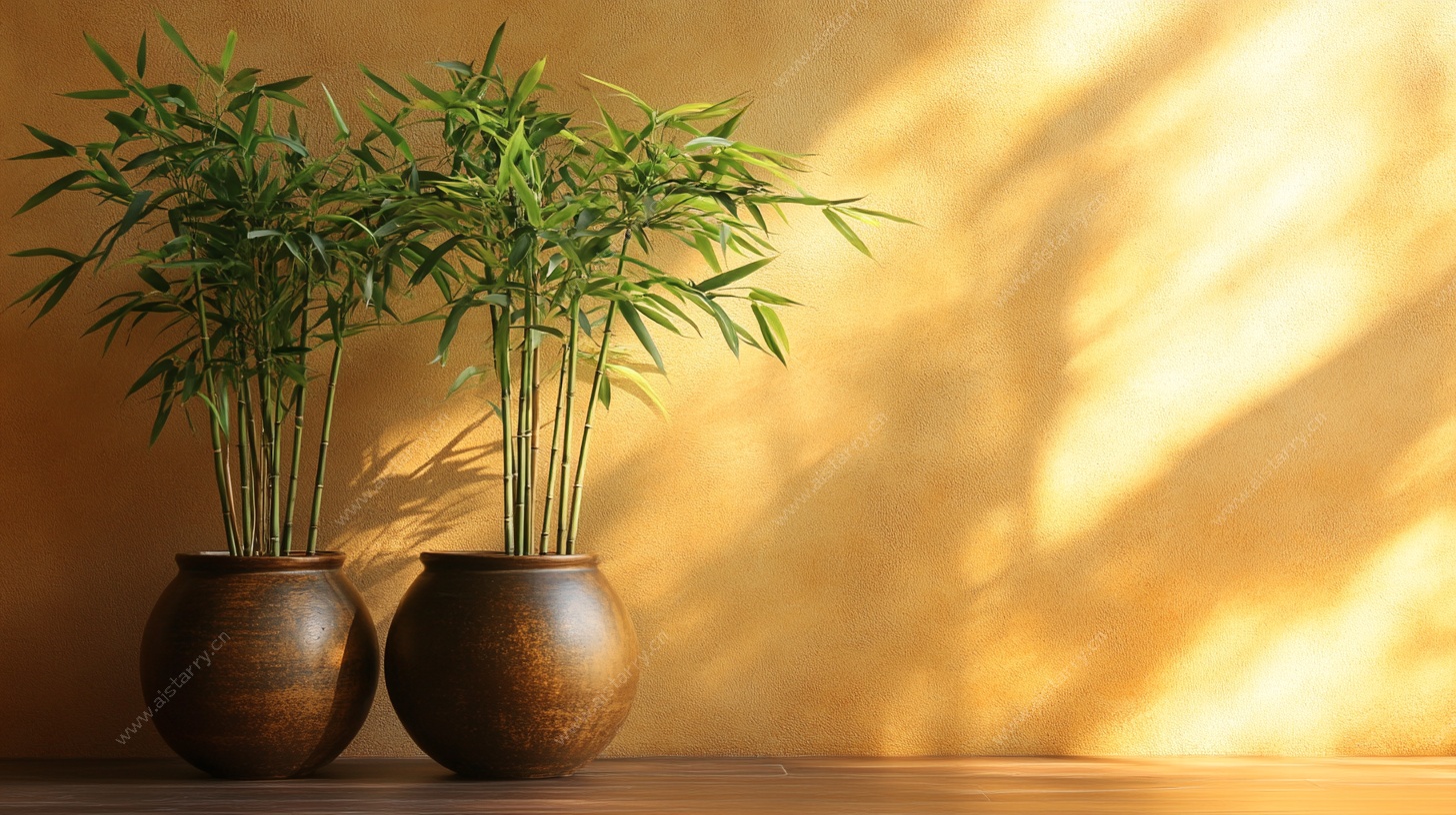 阳光下的古朴盆栽竹子