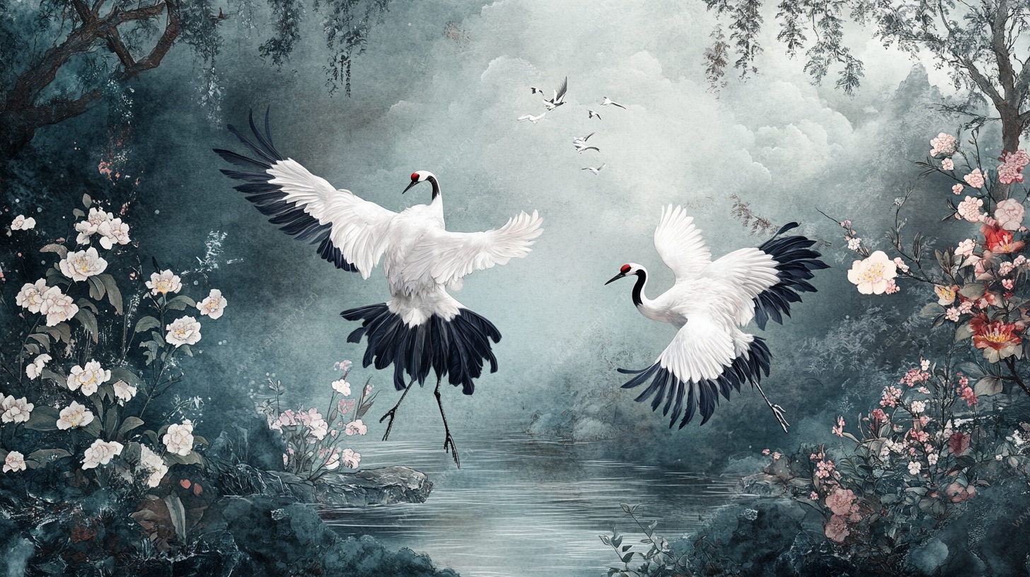 双鹤舞于繁花溪流间