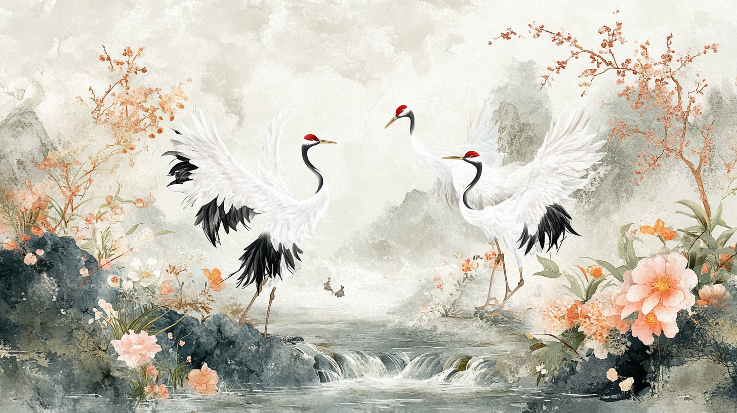 丹顶鹤于山水间优雅起舞