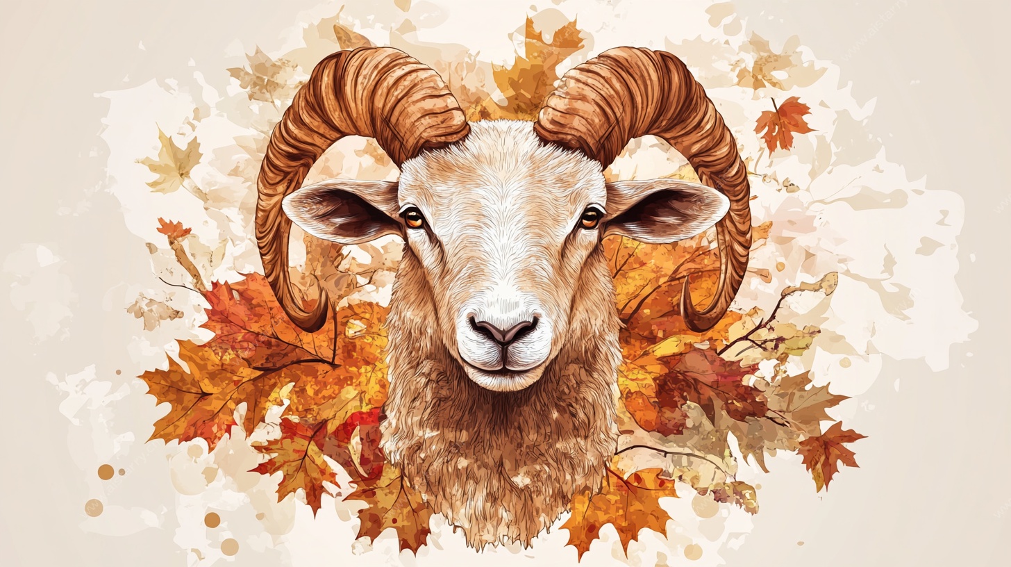 秋景中的盘角羊插画