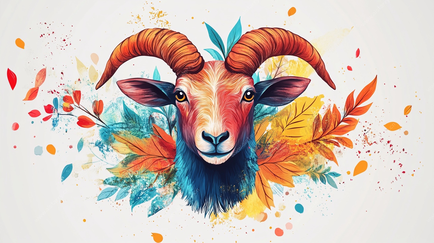 彩色羊角羊头插画