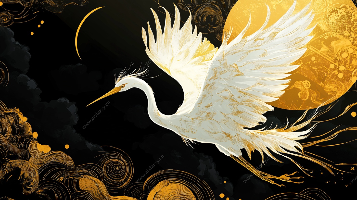 金白仙鹤映月飞舞图