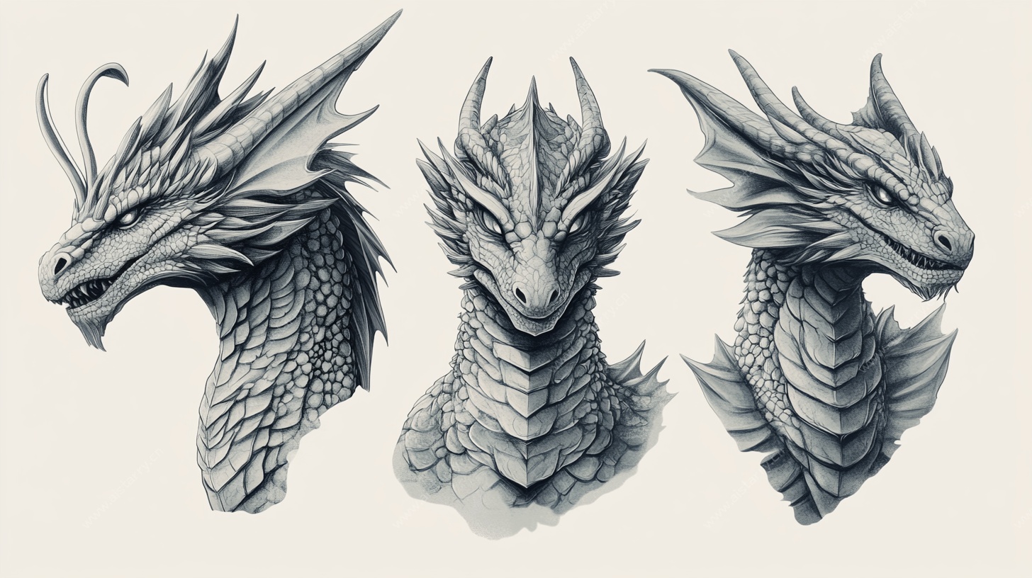 三个龙首素描造型设计图