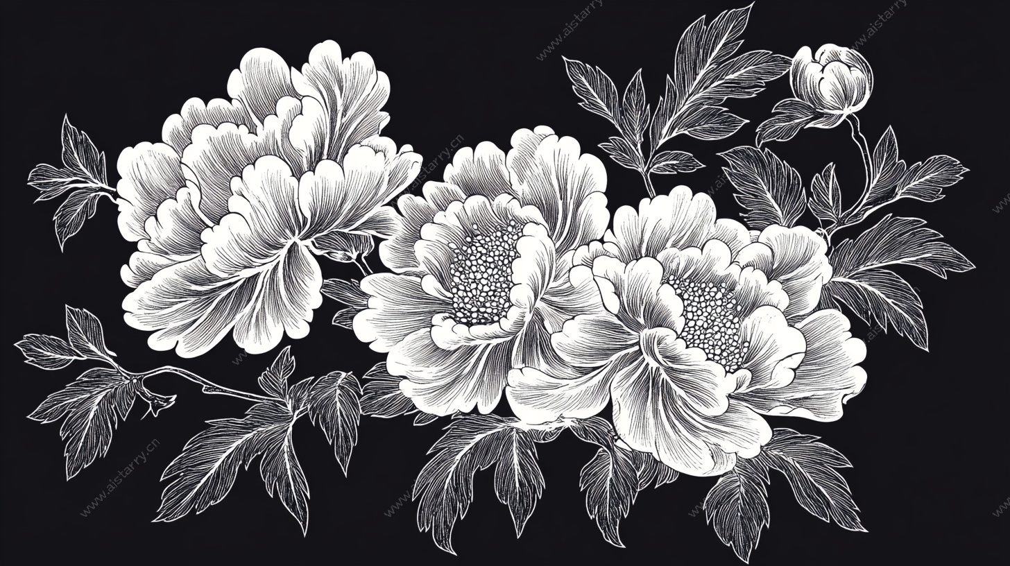 黑白牡丹花卉线描图