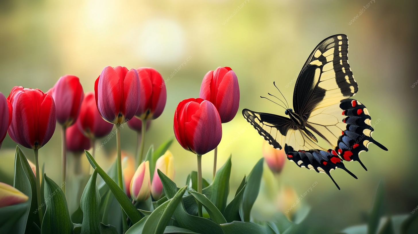 红郁金香旁的蝴蝶飞舞