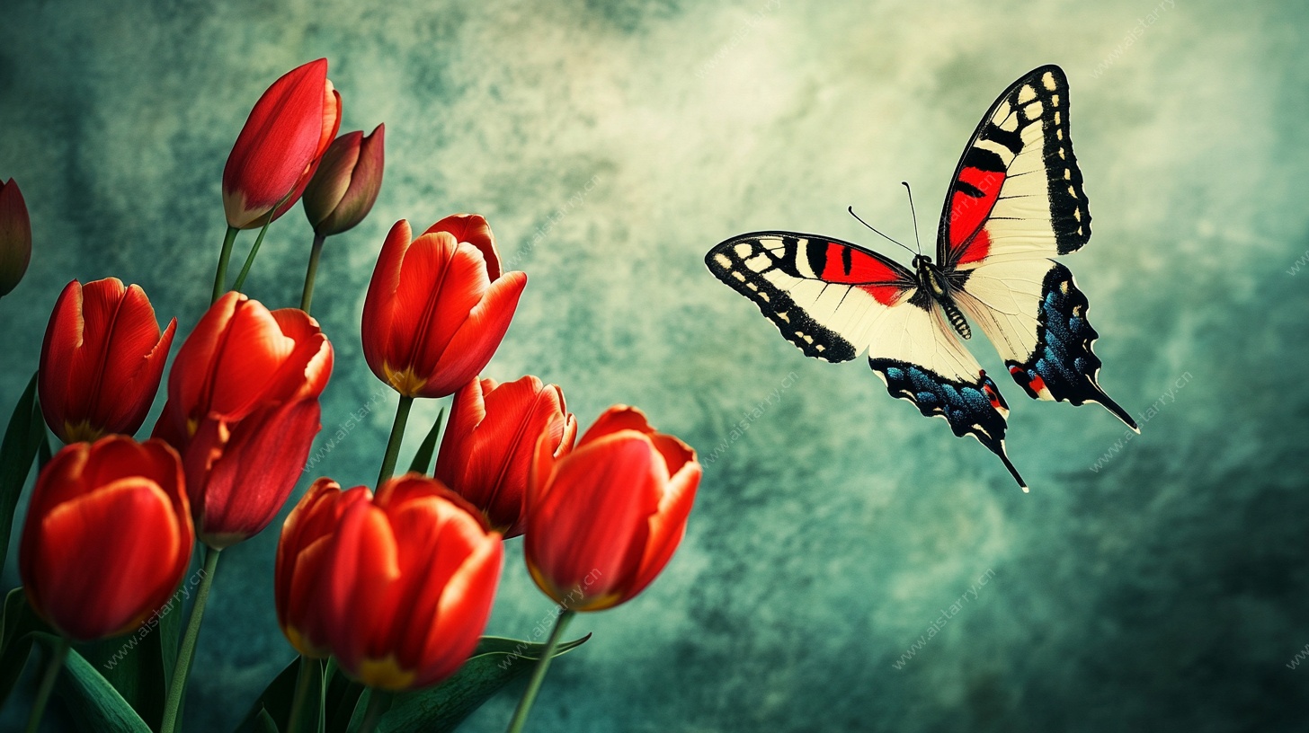 蝴蝶伴红郁金香画面