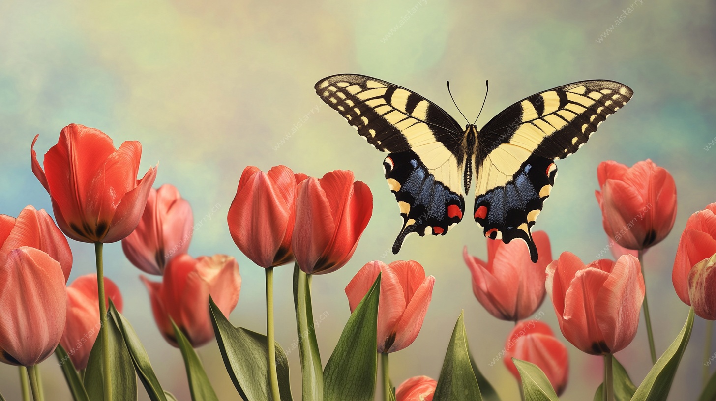 蝴蝶飞舞在艳丽郁金香间