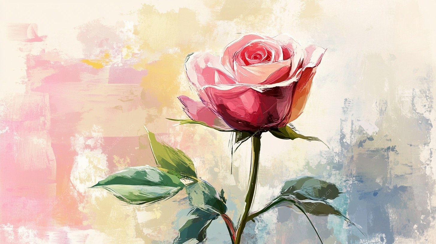 水彩风单枝粉红玫瑰画作