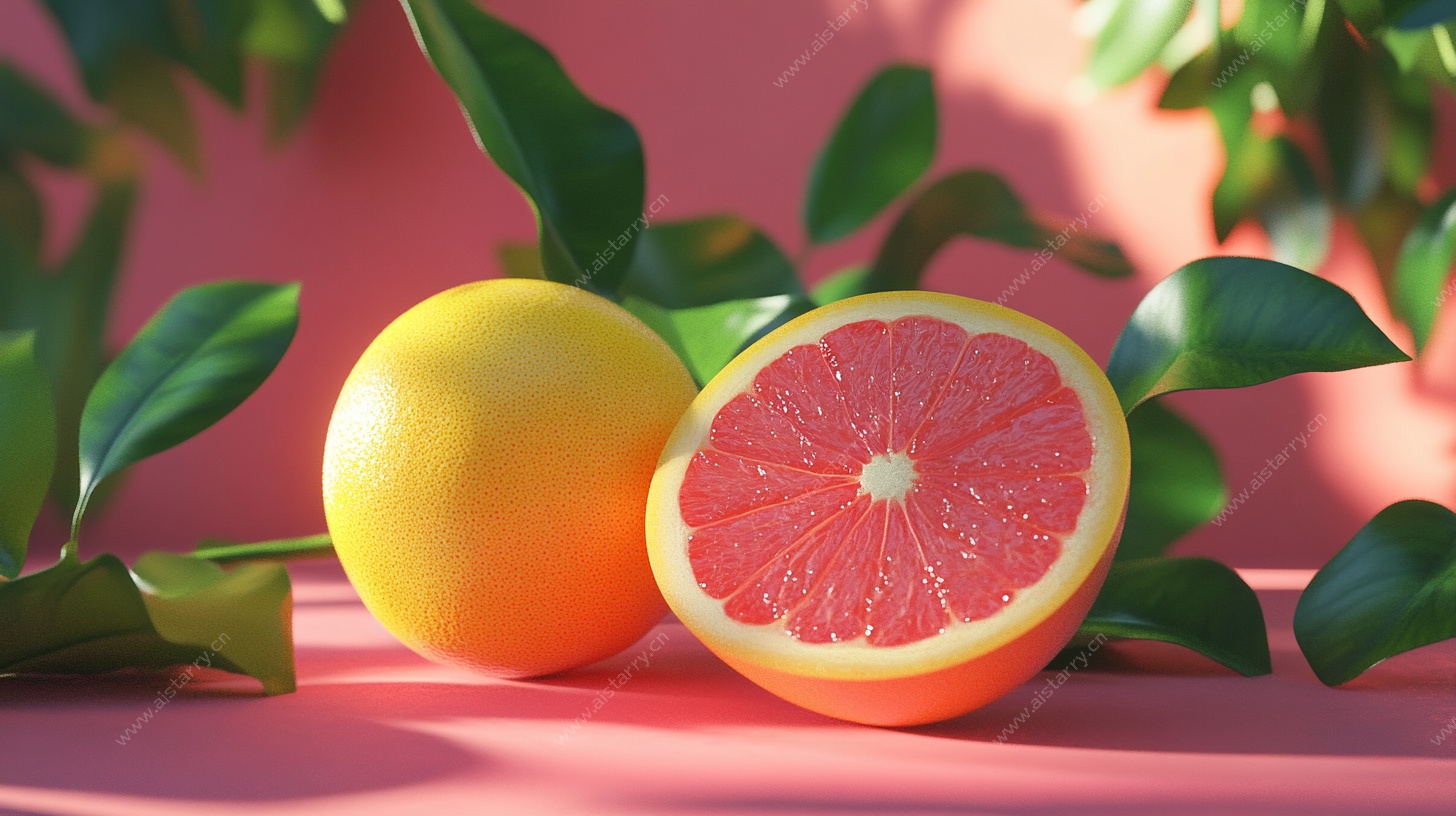 新鲜西柚与绿叶的静物图